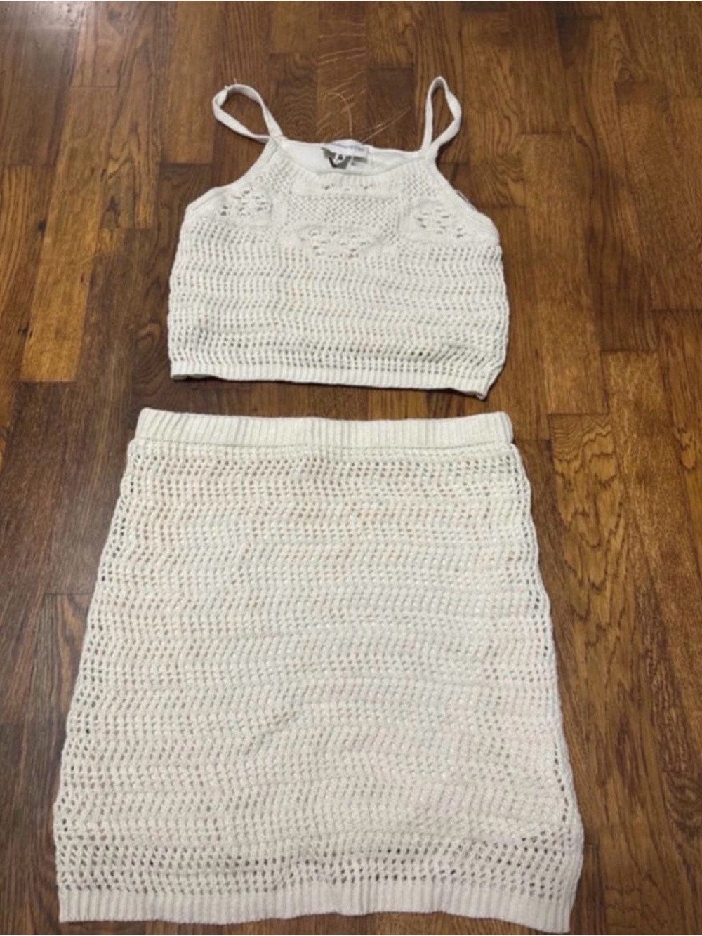 Crochet Knit Cream Skirt Set - Sleeveless Crop Top & Skirt